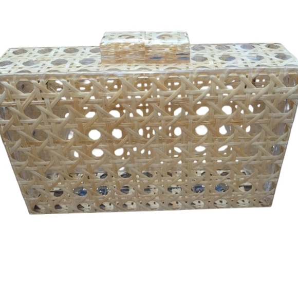 Woven Rattan Acrylic Box Clutch - Natural Tan - Picture 2 of 3